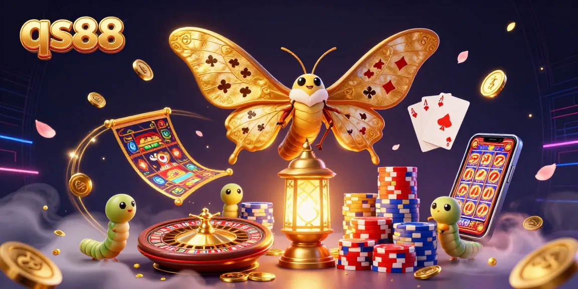 Experience the excitement at qs88 with a golden atlas moth amidst a vibrant casino scene.