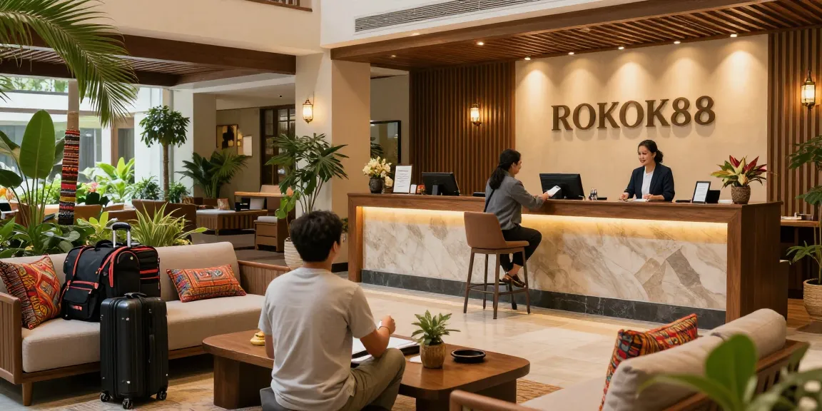 rokok88 login at a cozy hotel reception welcoming guests with friendly staff and lush decor