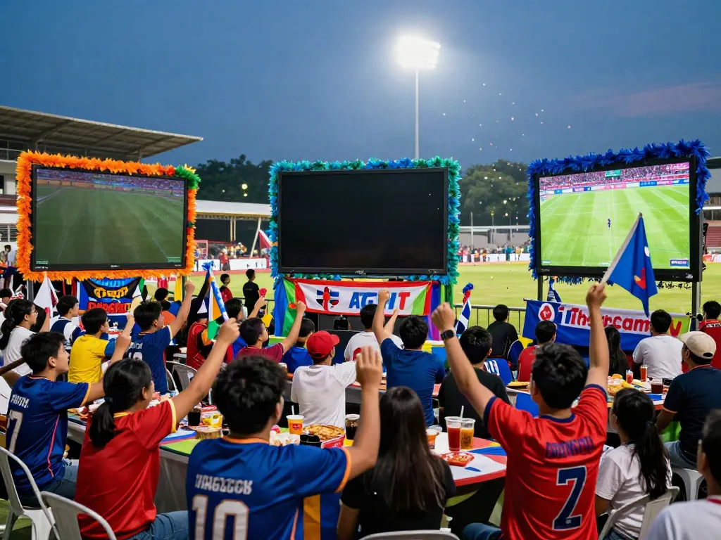 Excited fans enjoying football matches at Thapcamtv fan zone.