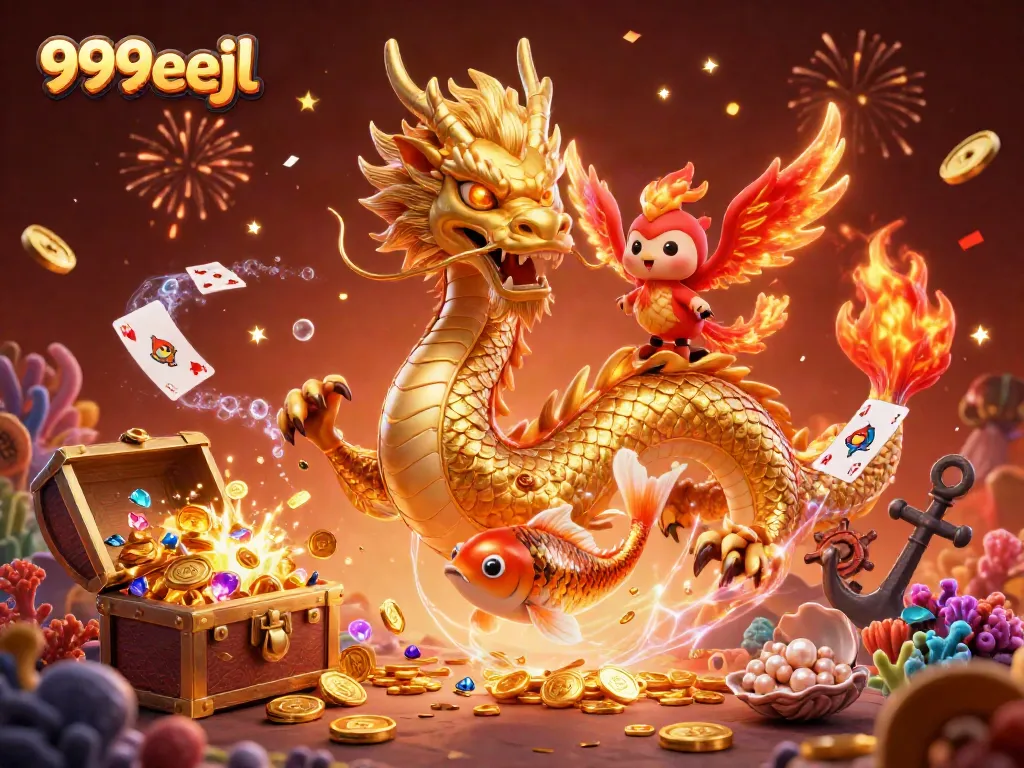 Experience vibrant gaming with 999eejl featuring a dragon, phoenix, and koi in an exotic casino scene