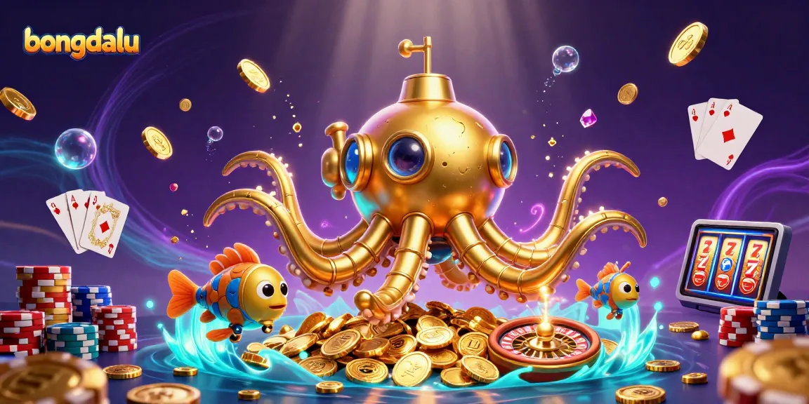 Witness the excitement of bongdalu with a dynamic 3D scene of a golden kraken amidst casino elements.