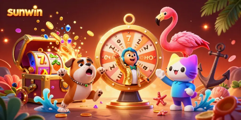 Engage in exciting gameplay at sunwin with a vibrant casino scene featuring characters, prizes, and dynamic game elements.