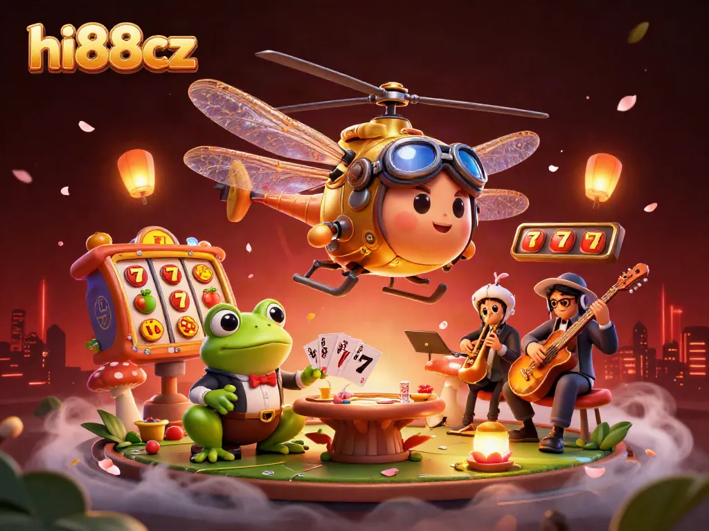 hi88cz showcases a vibrant dragonfly pilot over a lily pad casino, enhancing online gambling intrigue.