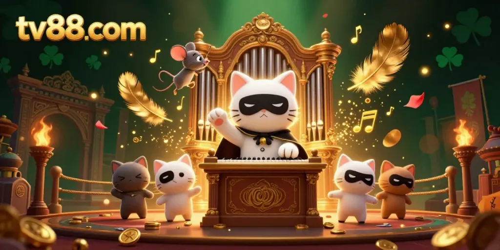 Experience the thrilling fantasy of tv88 com featuring a masked cat, golden coins, and vibrant casino elements.
