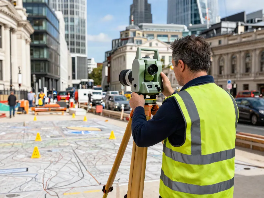 Topographical survey in London showcasing professionals measuring land with advanced equipment.
