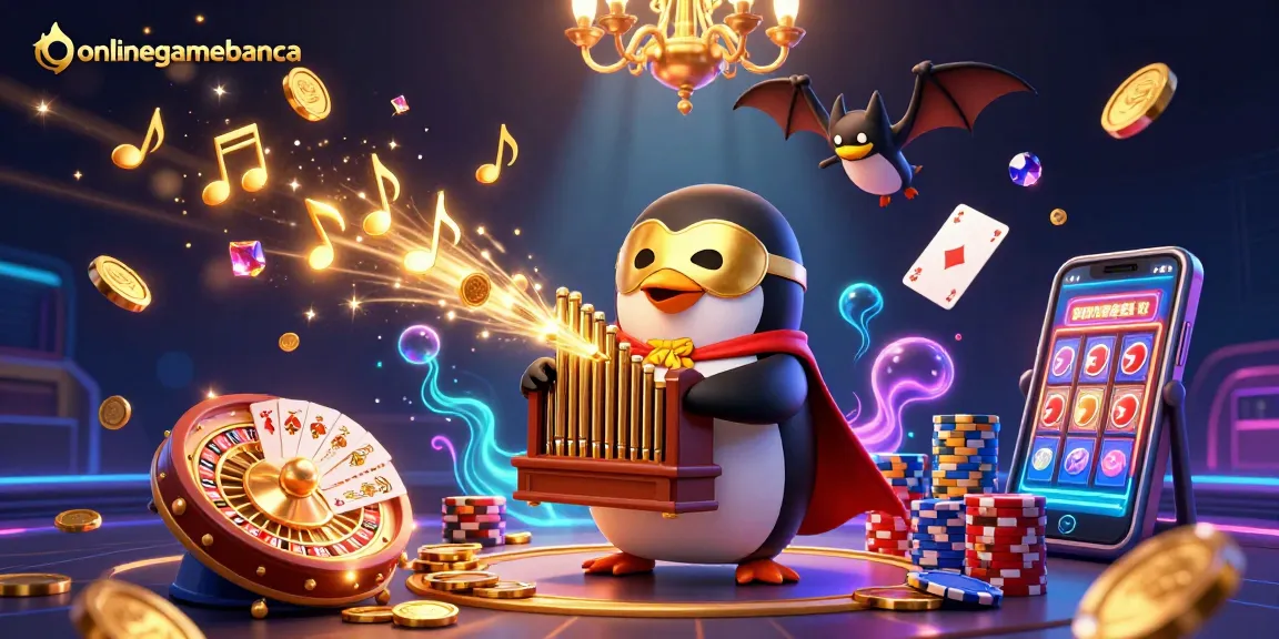 Join the excitement of onlinegamebanca with a captivating scene of a penguin playing an organ, surrounded by coins and gems.