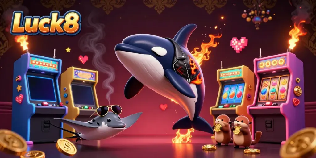 Experience immersive gaming at Luck8 with an orca, stingray, and otters in a vibrant casino environment.