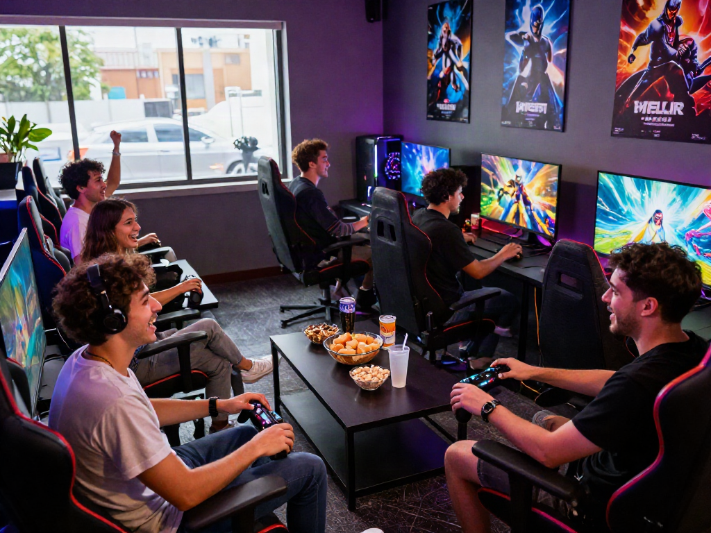 Friends enjoying an adult game in a vibrant gaming lounge with colorful graphics and a lively atmosphere.