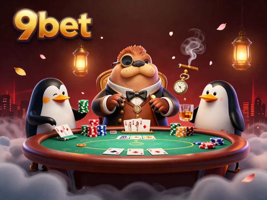 Join the excitement at 9bet with this vibrant underwater casino scene featuring a friendly walrus and penguin dealer.