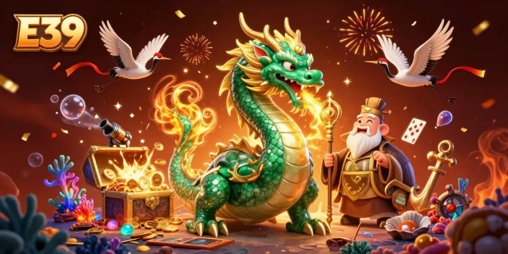E39 casino game illustration featuring a jade dragon, turtle sage, and lucky cranes amidst vibrant casino elements.
