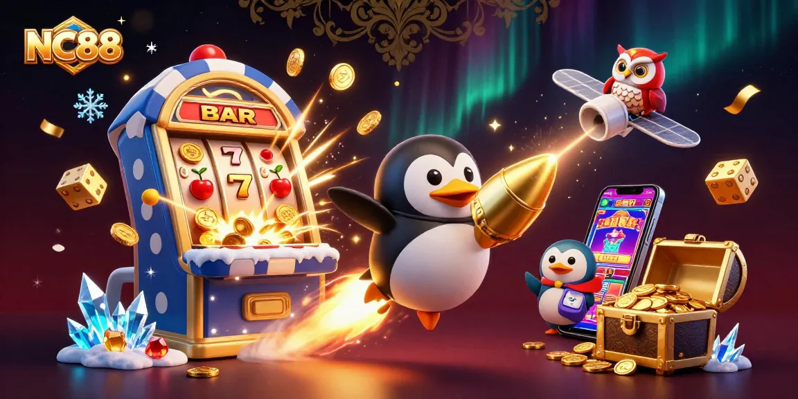 Join the excitement at NC88 as a golden penguin launches towards a jackpot-filled casino space station!