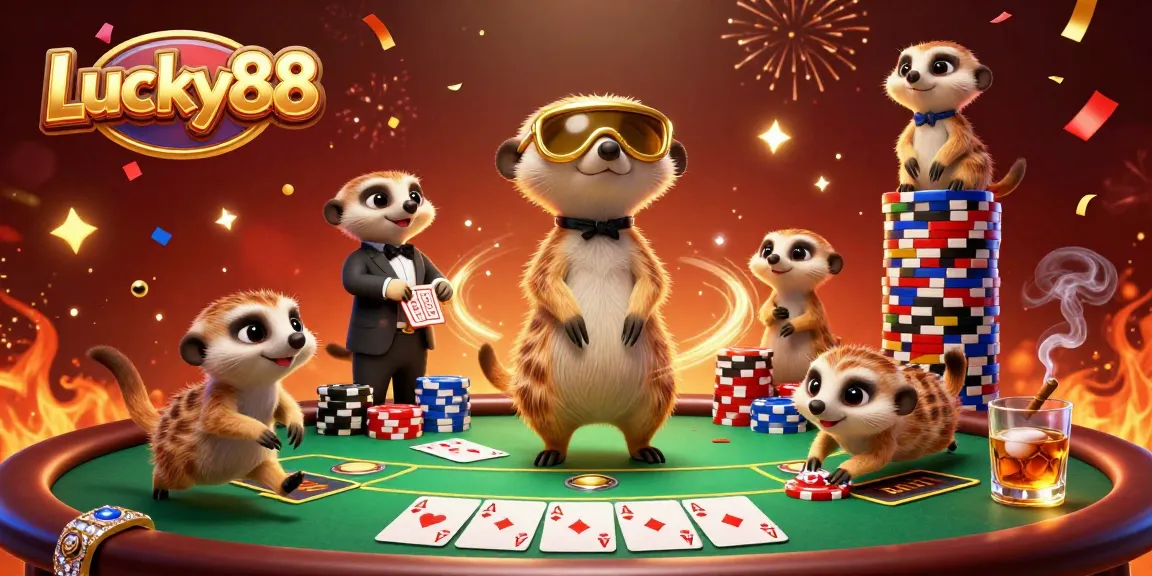 Experience Lucky88's thrilling casino scene with meerkats at play, showcasing poker excitement.