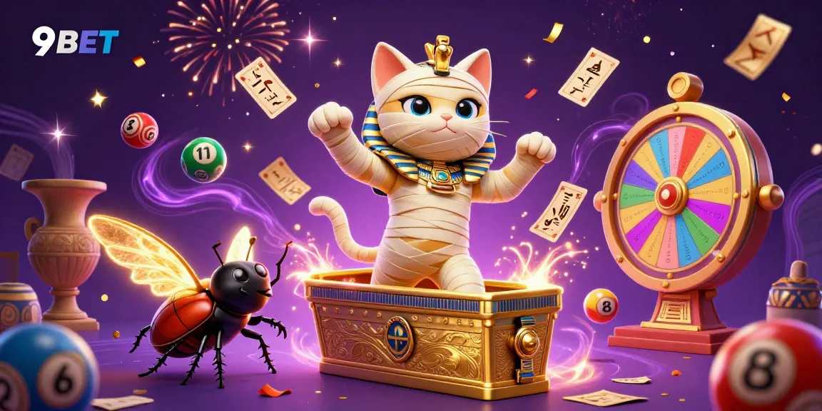 Engage with 9BET in a vibrant casino scene filled with colorful lottery balls and golden elements.