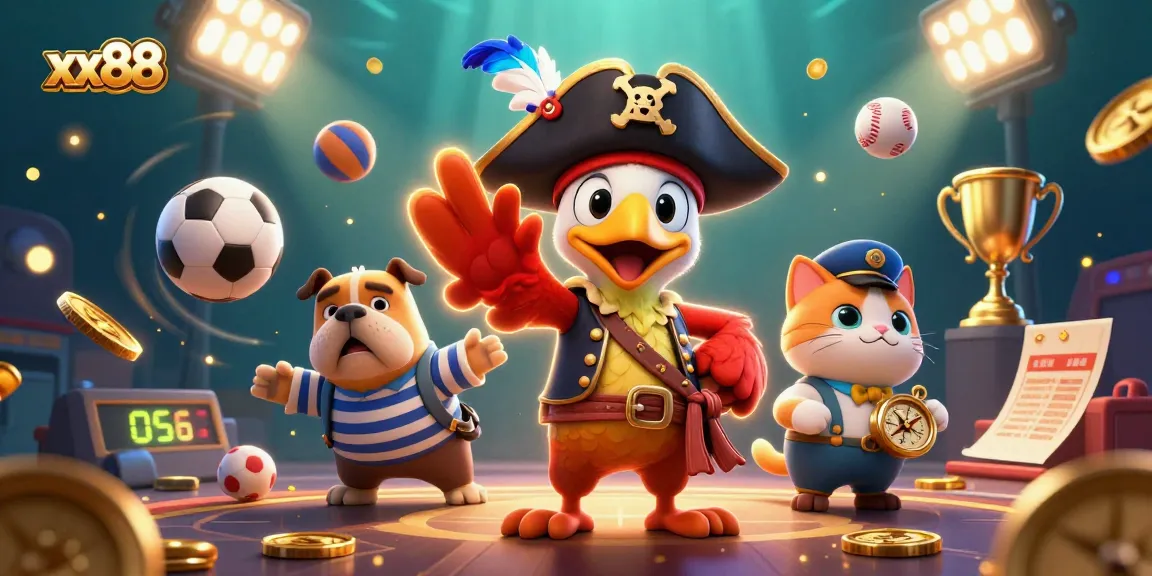Experience thrilling sports betting action with xx88 as a 3D cartoon pirate captain and friends celebrate wins.