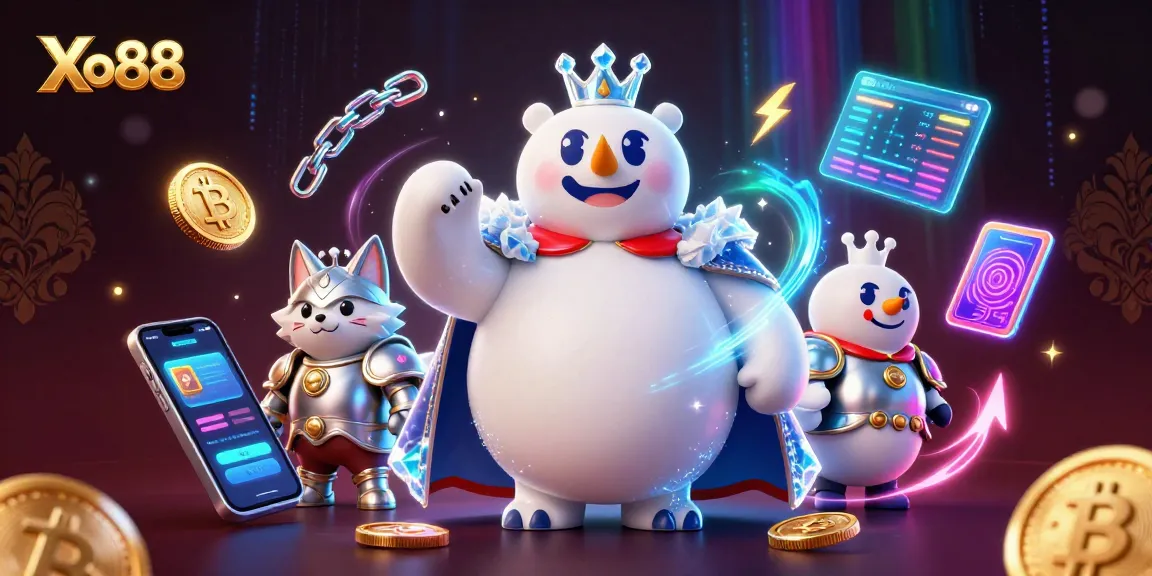 Xo88: Envision an exciting cryptocurrency casino scene with an animated ice king and snow fox.