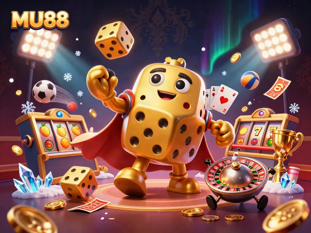 Engage with MU88's vibrant 3D casino-themed illustration featuring golden dice, fruit symbols, and dynamic sports elements.