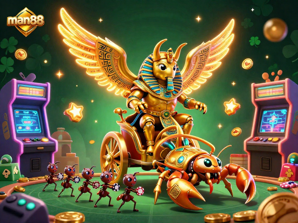 Engage in thrilling gameplay with man88, featuring a golden scarab and dazzling casino elements.