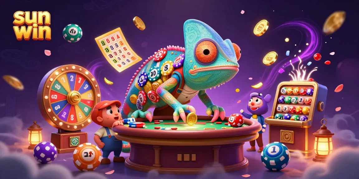 Experience thrilling gameplay with sun win's vibrant chameleon casino owner catching golden coins amid bouncing lottery balls.