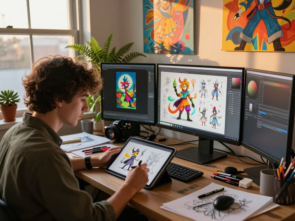 Creative workspace featuring nsfw ai artwork process with artist and sketches