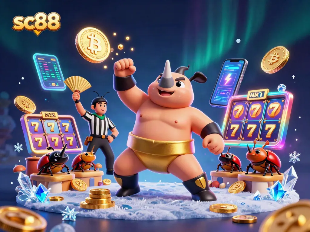 Engage in thrilling sc88 gameplay with cartoon beetles amidst flying coins and vibrant slot elements.