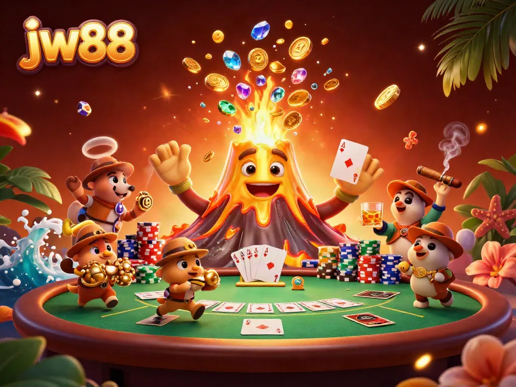 Experience thrilling jw88 casino adventures with a vibrant treasure eruption and gaming elements in a dynamic scene