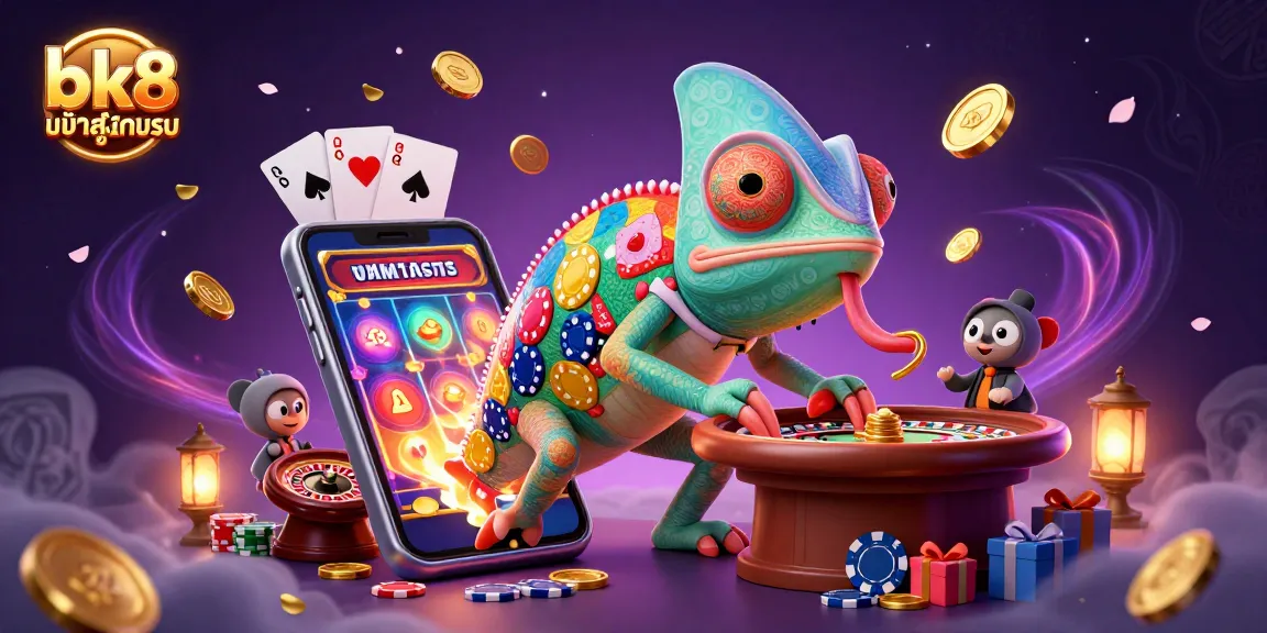 Experience the thrill of bk8 เข้าสู่ระบบ with a colorful chameleon casino owner, golden coins, and vibrant game elements.