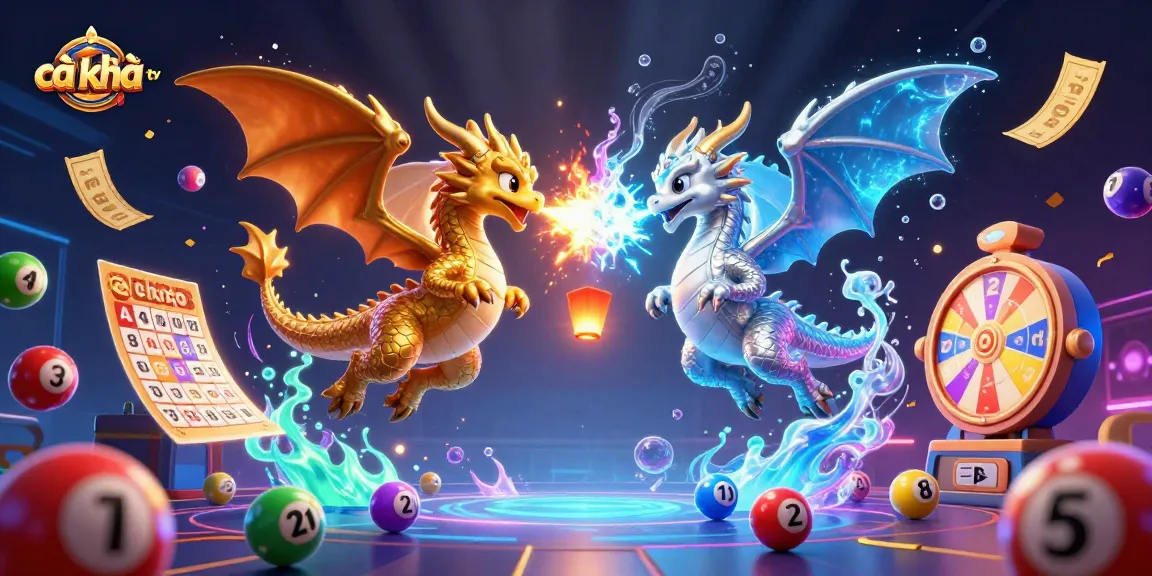 Cà khịa tv showcases vibrant lottery elements with dynamic dragons in a 3D casino illustration.