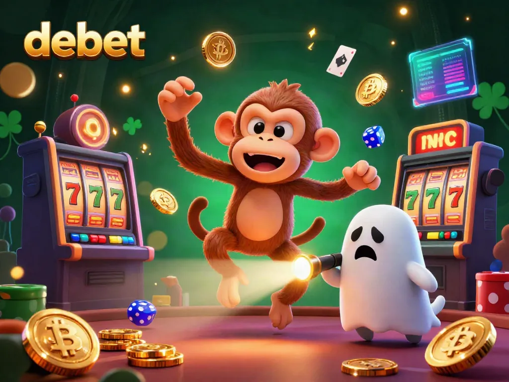 Experience debet excitement with a mischievous monkey juggling coins and a curious puppy tracking in a rich casino scene.