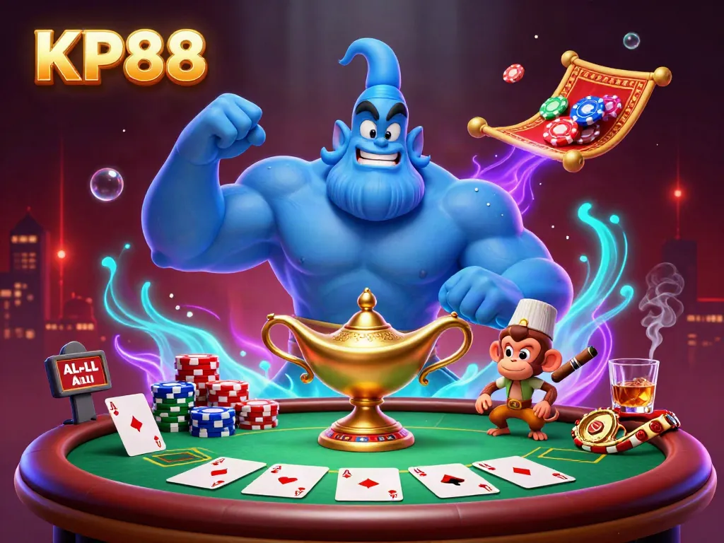 Engage with KP88 in this vibrant 3D casino illustration featuring a blue genie, monkey, and magic poker elements.
