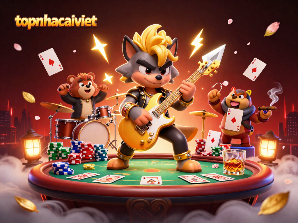 topnhacaiviet showcases a lively casino scene with vibrant characters celebrating a winning poker hand.