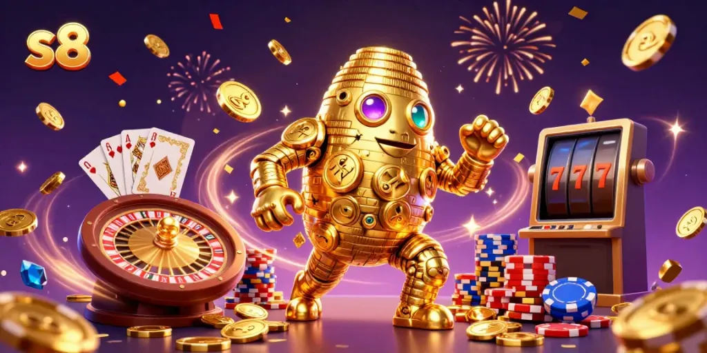 Experience the thrill of gaming at S8, featuring dynamic scenes of a golden golem and casino elements.