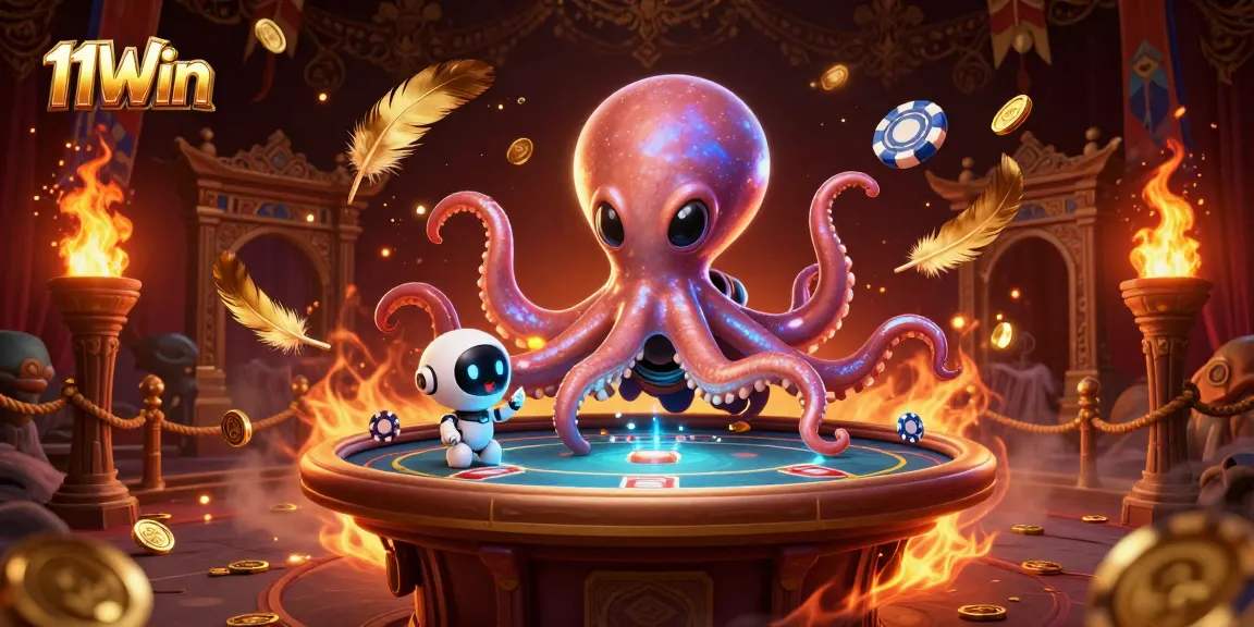 Experience thrilling gameplay with 11Win, featuring a vibrant alien octopus at a poker table.