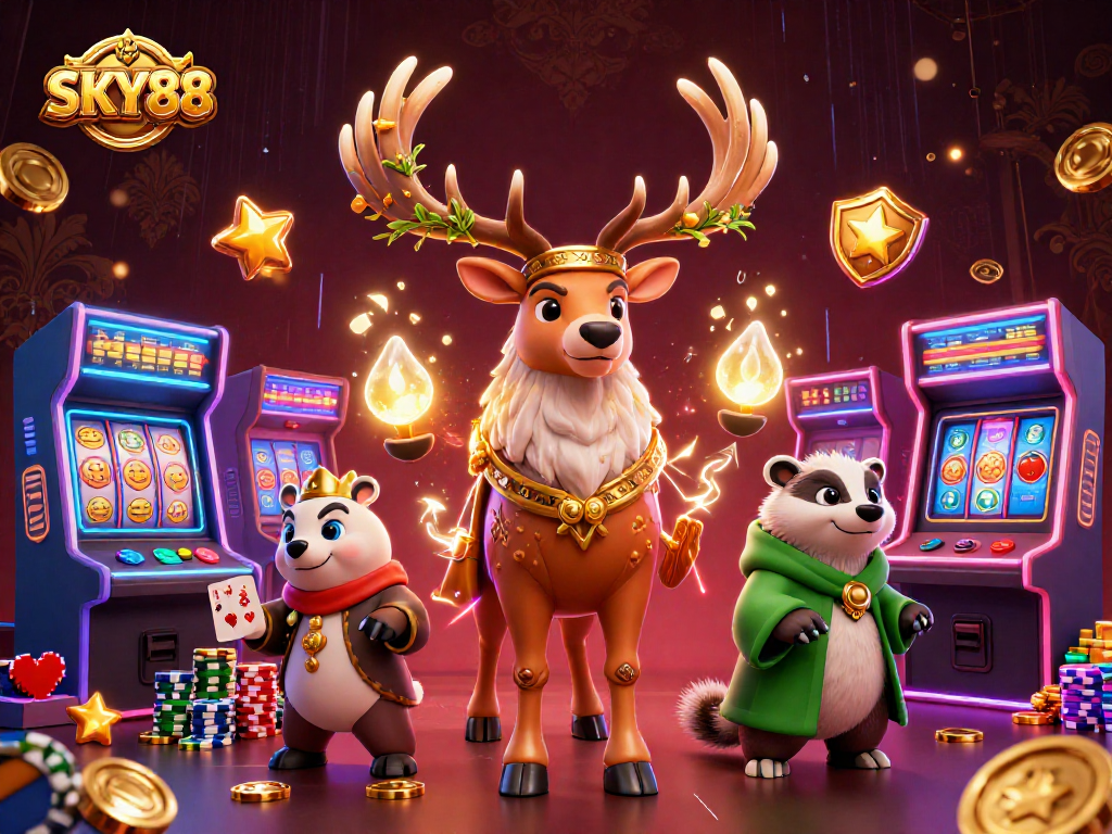 Engage with SKY88, featuring a vibrant casino scene with a Celtic druid stag and gaming elements.