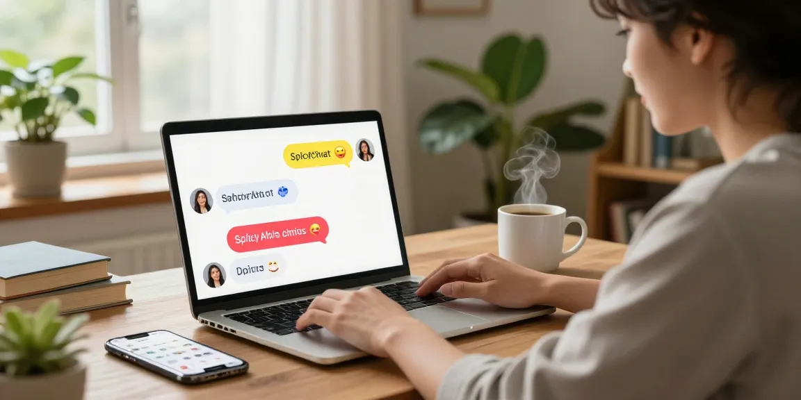 Engaging user experience with SpicyChat AI on laptop showcasing colorful chat responses in a cozy room.