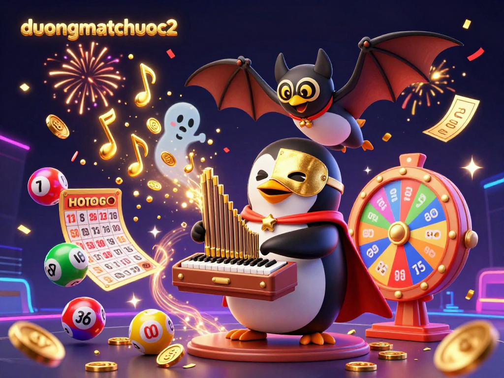 Experience the excitement of duongmatchuoc2 with a vibrant display of lottery elements and a charming phantom opera penguin.