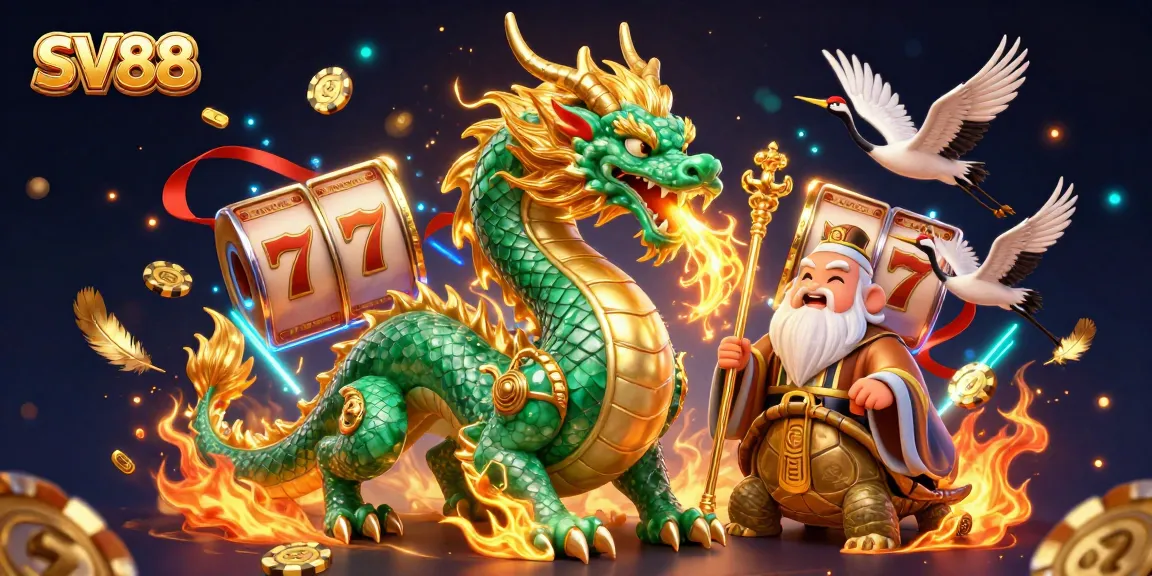 SV88 showcases a vibrant casino scene with jade dragon and lucky cranes, delivering thrilling gaming energy.