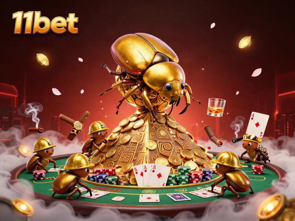 Engage in thrilling adventures at 11bet with golden beetles, poker chips, and casino symbols.
