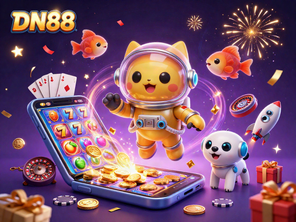 Experience DN88's thrilling gaming atmosphere with a vivid 3D casino illustration featuring an astronaut cat.