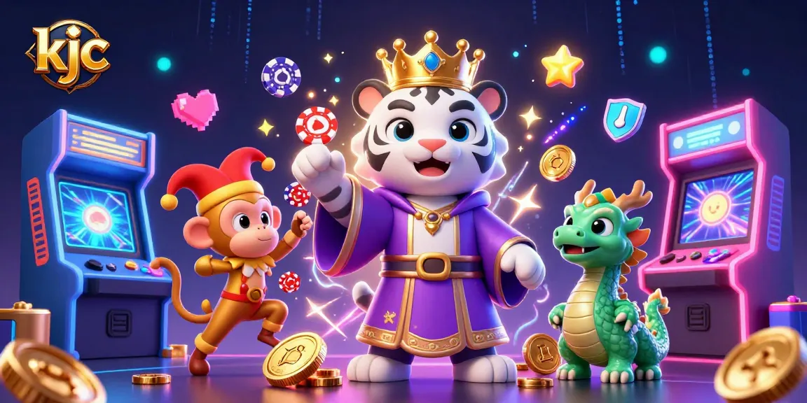 Experience the enticing world of kjc with a vibrant 3D illustration showcasing an elegant white tiger and playful characters amidst a gaming extravaganza.