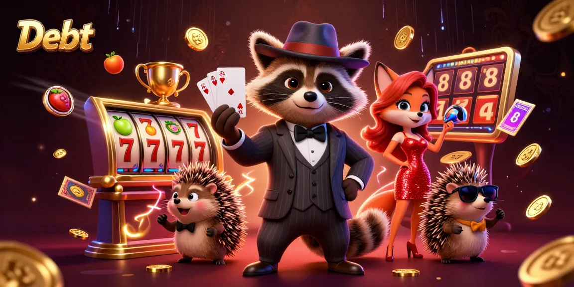 Debett showcases excitement in a 3D casino scene featuring vibrant slot elements and charismatic characters.