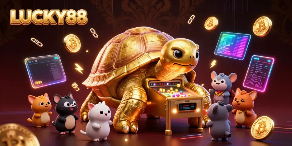 Experience the excitement of LUCKY88 with vibrant casino scenes and characters engaging in thrilling gameplay.