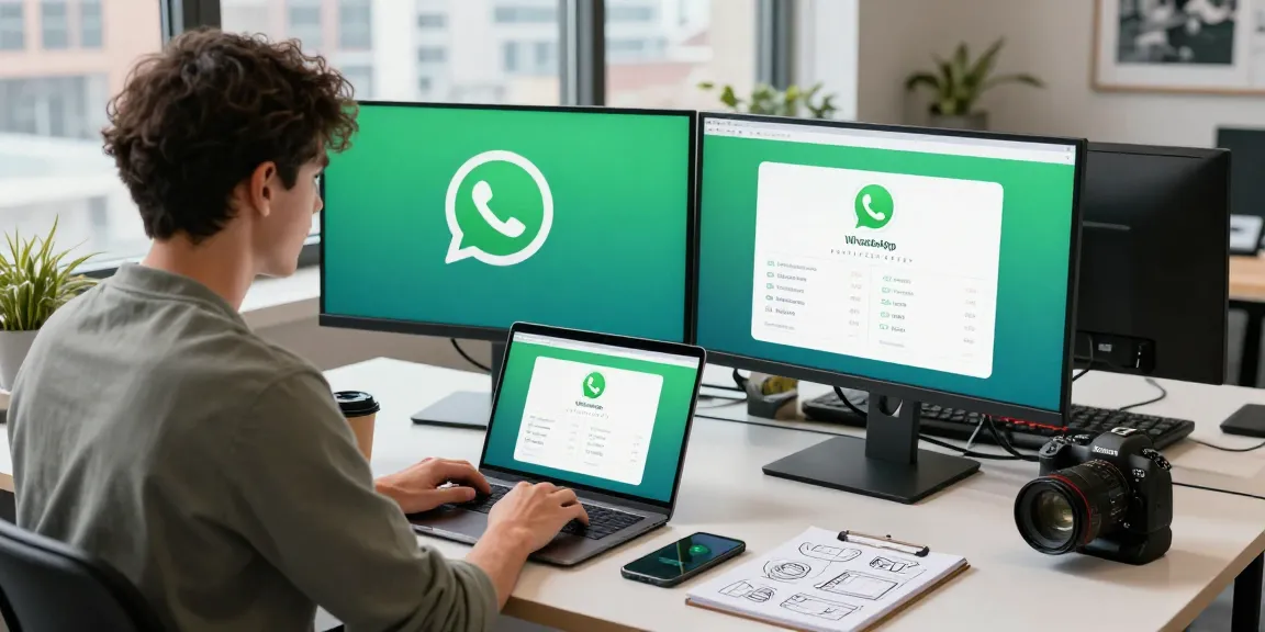 WhatsApp下載 interface displayed on dual monitors in a modern tech workspace