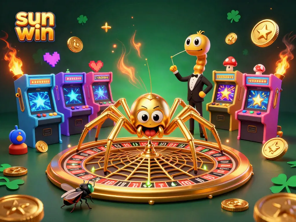 Bet and win big at sun win with a 3D cartoon scene of a spider and fly at a roulette wheel.