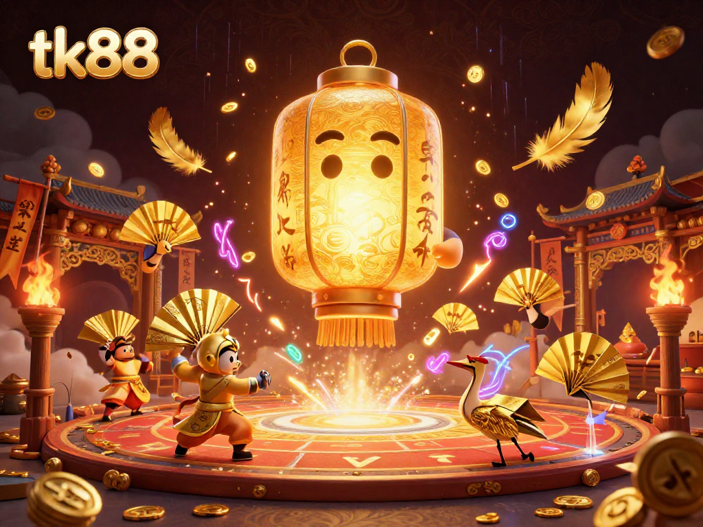 tk88 scene captures a golden lantern spirit and warriors in a vibrant casino atmosphere, enhancing the gaming experience.