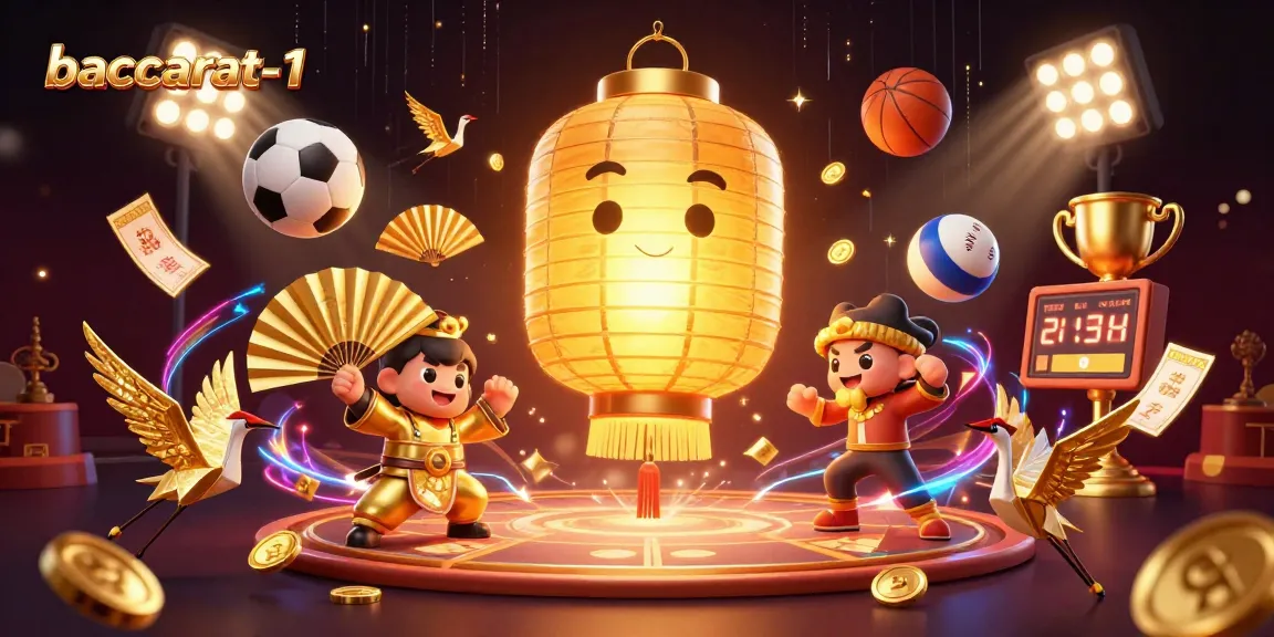 Baccarat-1 features a vibrant casino scene with a glowing lantern spirit, dynamic warriors, and shimmering lucky symbols.