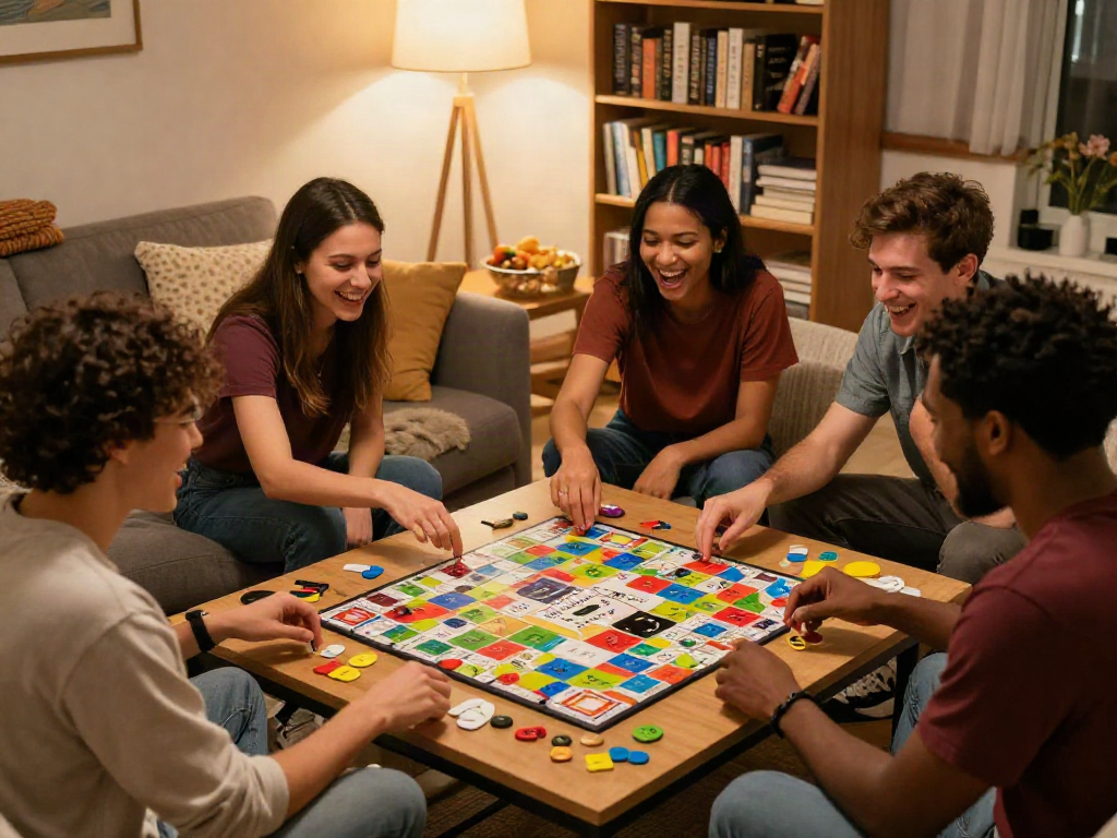 Group of friends enjoying a lively sex game during game night, showcasing laughter and engagement.