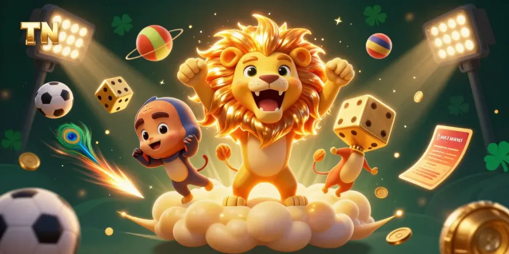Experience excitement with TN88's roaring sun lion and golden casino elements in a dynamic scene.