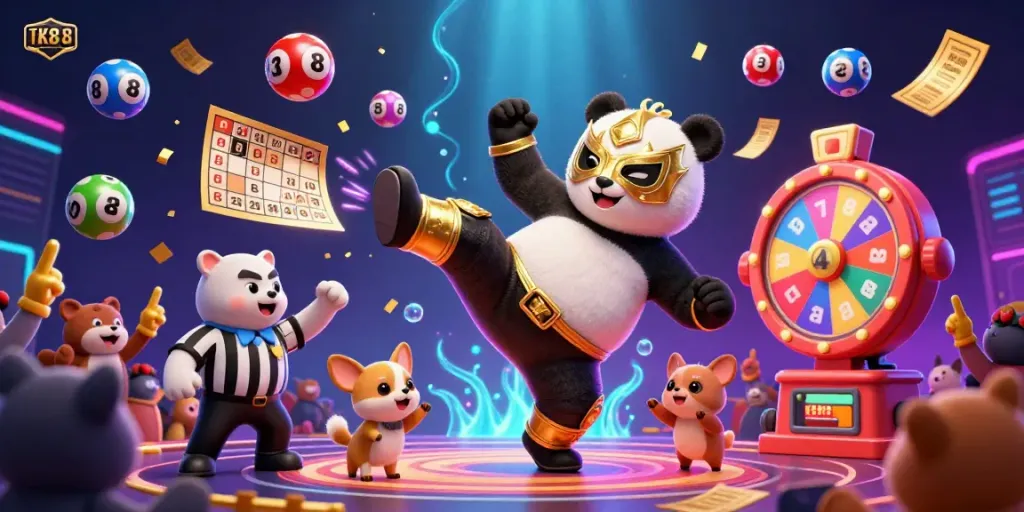 Engage with TK88's vibrant casino scene featuring a panda wrestler and cheering animal spectators as they celebrate the thrill of gambling.