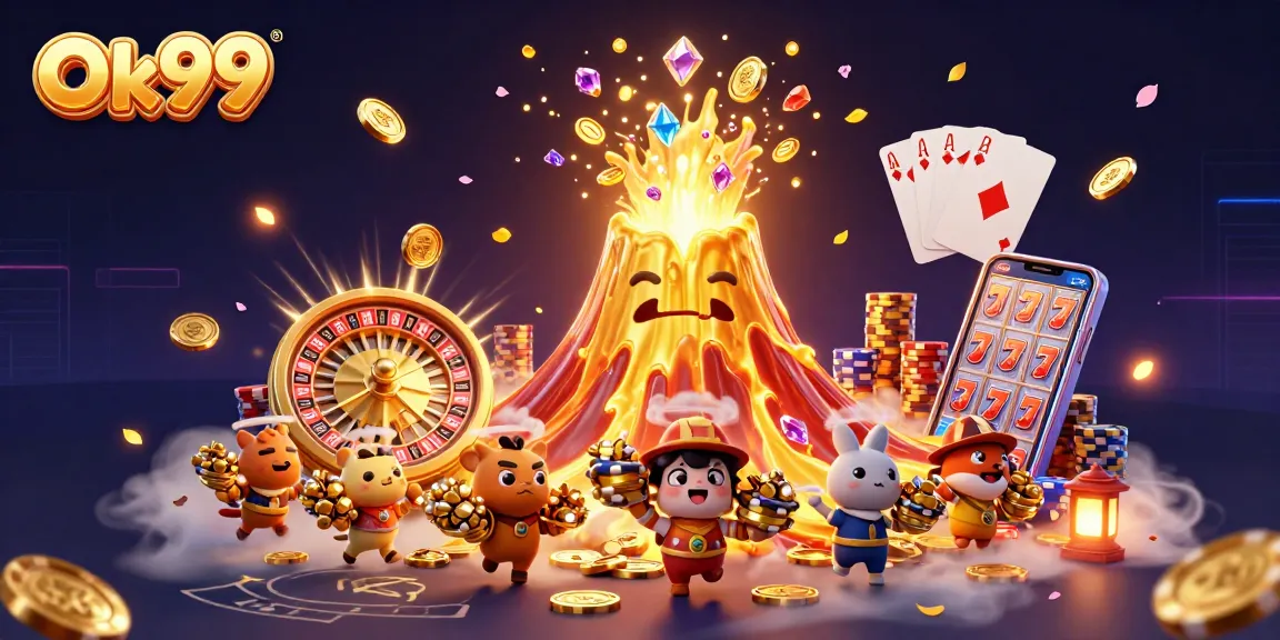 Experience the thrill of Ok99 with a golden volcano erupting coins and gems, surrounded by dynamic casino elements.