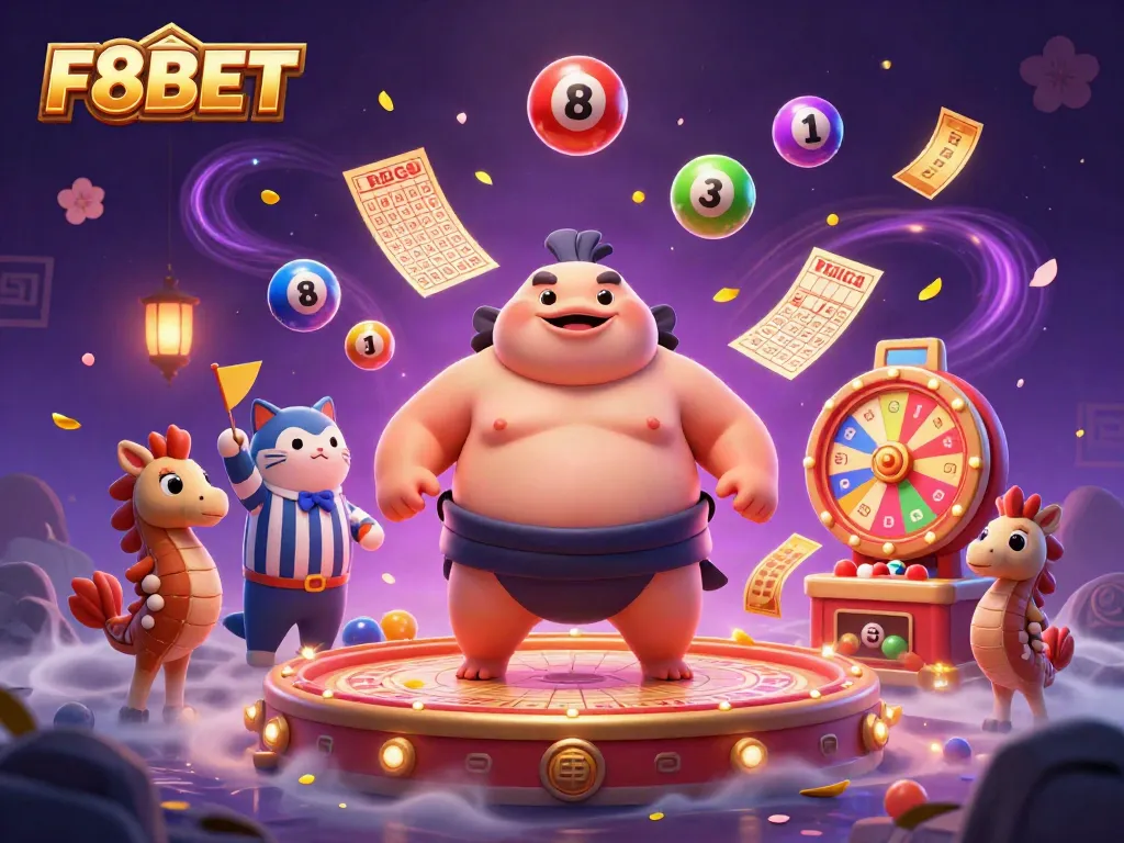 F8BET offers thrilling lottery action with dynamic scenes of excitement and elements like colorful lottery balls and prizes.